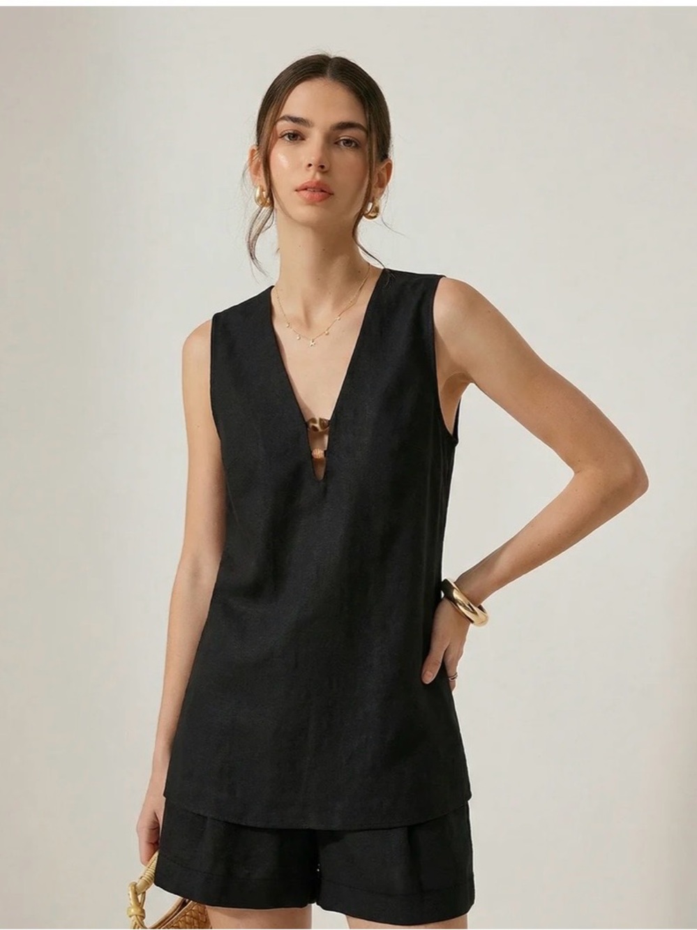 Commense Sleeveless Black linen V-Neck Tunic Top and short set NWT